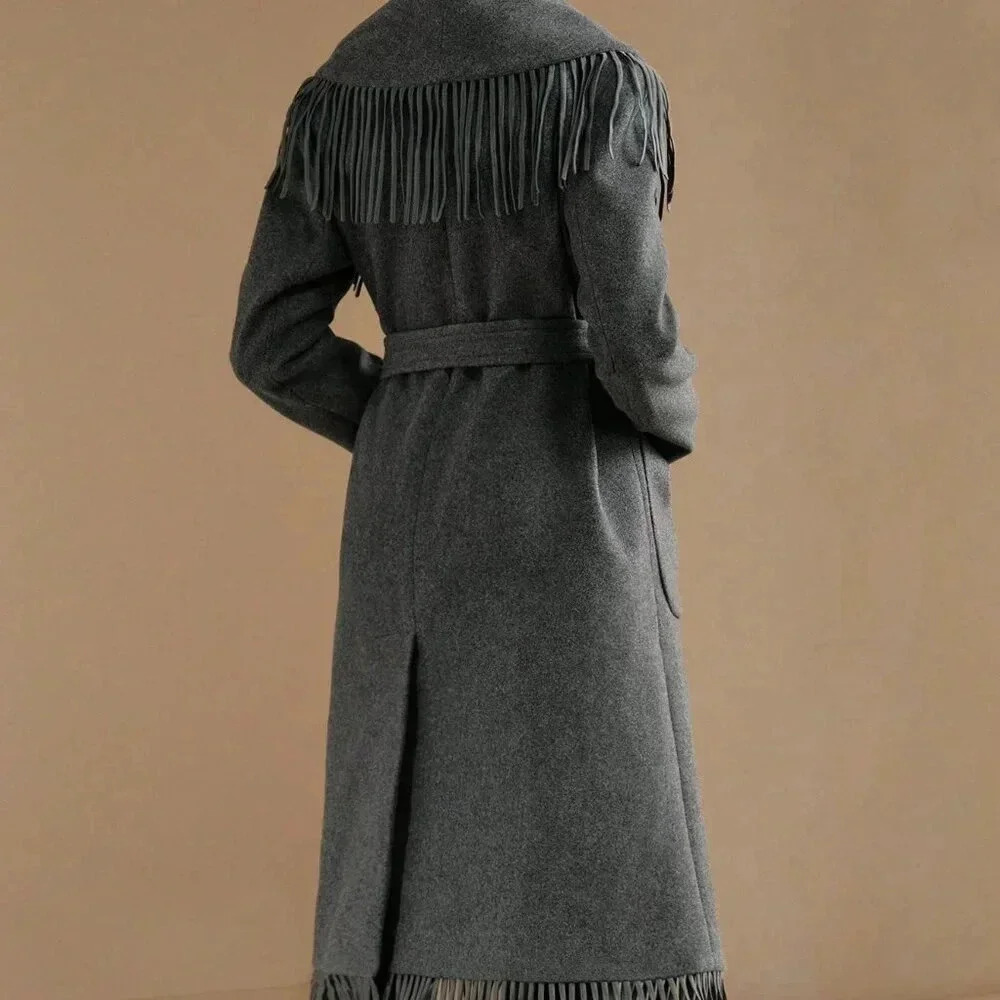 Grey Elegant Women's Faux Fur Collar Wool Blend Jacket With Fringe Trim - Picture 2 of 8